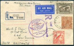 1934 Australia / New Guinea "Faith In Australia" First Flight Cover Registered Geelong / Melbourne - Lae + Return Sydney - Premiers Vols