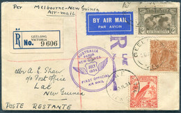 1934 Australia / New Guinea "Faith In Australia" First Flight Cover Registered Geelong / Melbourne - Lae + Return Sydney - Erst- U. Sonderflugbriefe