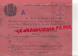GUERRE 39-45- WW2- MILITARIA- 87-CARTON INVITATION RECEPTION DE GAULLE- LIBERATION -LIMOGES HOTEL VILLE LE 4 MARS 1945- - Documentos Históricos