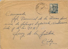 1940 , CÁDIZ    , SOBRE CIRCULADO ENTRE CHICLANA DE LA FRONTERA Y JEREZ ,FALANGE , ORGANIZACIONES JUVENILES FEMENINAS - Cartas & Documentos
