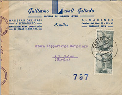 1944 , CASTELLÓN    , SOBRE CIRCULADO A SUECIA , CENSURAS - Storia Postale