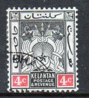 Malaya Kelantan 1911 Four Cent Black And Red Fine Used Stamp. - Kelantan