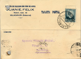 1934 , BALEARES  , TARJETA POSTAL COMERCIAL CIRCULADA ENTRE VILLACARLOS Y VALENCIA , LLEGADA VALENCIA / CARTERIA - Storia Postale