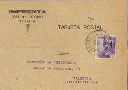 1942 , ZARAGOZA , TARJETA POSTAL CIRCULADA ENTRE TAUSTE Y VALENCIA - Storia Postale