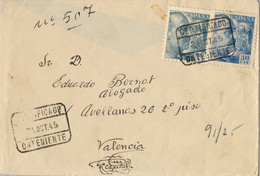 1945 , VALENCIA  , SOBRE CERTIFICADO DESDE ONTENIENTE - Storia Postale