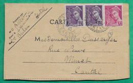 N°413 X2 + 416 MERCURE TARIF 1F50 CAD FB84 PARLAN CANTAL CARTE LETTRE POUR MURAT 1942 LETTRE COVER FRANCE - 1938-42 Mercurius