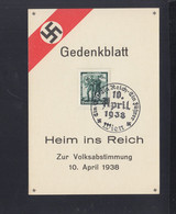 Dt. Reich Österreich Gedenkblatt Heim Ins Reich 1938 - Covers & Documents