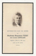 FAIRE PART DE DÉCES 1951 - MADAME BENJAMIN TISSET Née LOUISE LANGLADE - IMP MONTPELLIER - Obituary Notices
