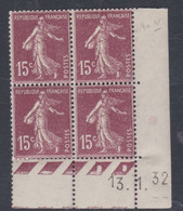 France N° 189 X  Semeuse : 15 C. Brun-lilas  En Bloc De 4 Coin Daté Du 13 .1 . 32 Légère  Trace De Charnière Sinon  TB - ....-1929