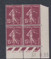 France N° 189 XX  Semeuse : 15 C. Brun-lilas  En Bloc De 4 Coin Daté Du 30 .8 . 35   Sans Charnière Sinon  TB - ....-1929