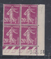 France N° 190 XX Type Semeuse : 20 C. Lilas-rose En Bloc De 4 Coin Daté Du 3 .2 . 38  Sans  Charnière , TB - ....-1929