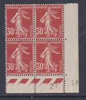 France N° 360 XX Type Semeuse : 30 C. Rouge Sombre En Bloc De 4 Coin Daté Du 21 .1 . 38  Sans Point, Sans Charnière, TB - ....-1929