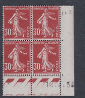 France N° 360 XX Type Semeuse : 30 C. Rouge Sombre En Bloc De 4 Coin Daté Du 18 .3 . 38  Sans Point, Sans Charnière, TB - ....-1929