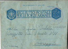 BIGLIETTO FRANCHIGIA POSTA MILITARE 1943 CROTONE X VIAREGGIO - Military Mail (PM)