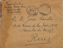 1947 TARRAGONA , SOBRE CIRCULADO ENTRE VILABELLA Y REUS , RTE. EL CARTERO DE VILABELLA , LLEGADA AL DORSO - Storia Postale