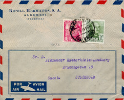 1950 VALENCIA , SOBRE CIRCULADO ENTRE ALGEMESÍ Y ESTOCOLMO , CORREO AÉREO - Lettres & Documents