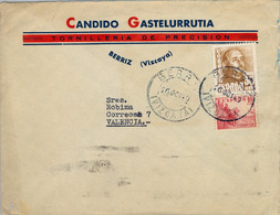 1949 VIZCAYA , SOBRE COMERCIAL CIRCULADO ENTRE BERRIZ Y VALENCIA , LLEGADA - Cartas & Documentos