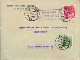 1950 MURCIA , SOBRE COMERCIAL CIRCULADO ENTRE CARTAGENA Y HELSINGBORG , CORREO AÉREO - Cartas & Documentos