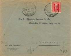 1934 VALENCIA , SOBRE CIRCULADO ENTRE AYELO MALFERIT  Y VALENCIA , LLEGADA CARTERIA AL DORSO - Storia Postale