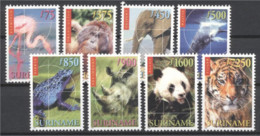 Suriname 1999, Flamingo, Monkey, Elephant, Whale, Frog, Rhino, Panda, Tiger, 8val - Flamingos