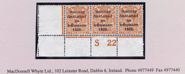 Ireland 1922 Thom Rialtas 5-line Black Overprint 2d Die 2, Control S22 Perf, Corner Strip Of 3 Mint - Neufs