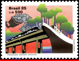 Ref. BR-2039 BRAZIL 1985 RAILWAYS, TRAINS, PROGRAM GREAT CARAJAS,, SHIPS, TREES, MNH 1V Sc# 2039 - Treni