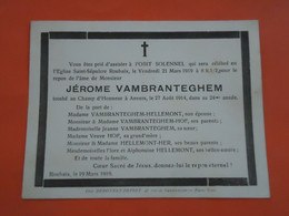 Oorlogsslachtoffer Jérome Vambranteghem  Tombé Au Champ D'Honneur à Anvers 1914 ( Roubaix 1919 )   (2scans) - Religión & Esoterismo