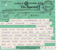 G.B. / Telegrams / Censorship / Cable + Wireless / Insurance / South Africa - Non Classés