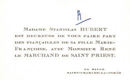 CARTE DE VISITE  Stanislas Hubert SAINT PRIEST -Fiancailles-Saint Charles La Foret - Visiting Cards