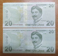 AC - TURKEY - 9th EMISSION  20 TL E 072 TWO CONSECUTIVE NUMBERS BOTH UNCIRCULATED - Turkey