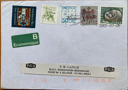 SWEDEN 2002, PLANT ,ANIMAL,VINTAGE SHIP ,CHRISTMAS,5 STAMPS VIGNETTE ECONOMIC GREEN LABEL,COVER TO INDIA - Covers & Documents