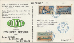 COTE DES SOMALIS - CARTE PUBLICITAIRE "IONYL " AFFRANCHIE N° 267-272-274 - CAD DJIBOUTI 1954 - Cartas & Documentos