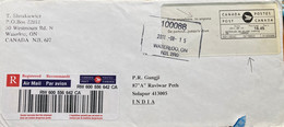 CANADA 2011, ANYWHERE TO ANYONE ,SELF ADHESIVE ATM LABEL STAMP,COVER REGISTER,WATERLOO CITY TO INDIA - Lettres & Documents