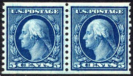 US #458 XF Mint NEVER Hinged 5c Washington Coil PAIR  From 1916 - Roulettes