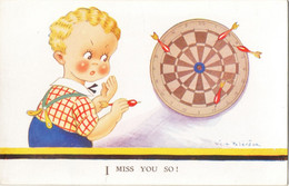 Art Signed - Vera Paterson -I Miss You So ! - 4101  Young Boy And Darts, Dartboard - Paterson