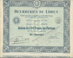 LOT DE 5 ACTIONS DE 500 FRS BEURRERIES DE LOREY (MEURTHE ET MOSELLE)) ANNEE 1930 - Landbouw