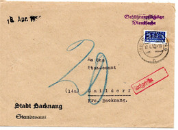 58967 - Bund - 1952 - Unfrank Bf BACKNANG -> Gaildorf, M. 20Pfg Nachgebuehr - Cartas & Documentos