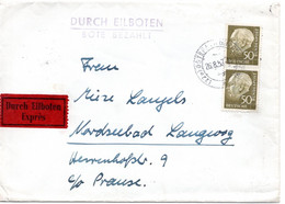 58998 - Bund - 1957 - 50Pfg Heuss II Senkr Paar A EilBf OSTERATH -> LANGEOOG - Briefe U. Dokumente