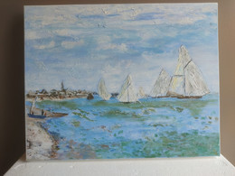 TABLEAU PEINTURE Scène Bateau Voiliers Sur Mer Signé M.C (Michele Chevalier BANNES 52 Haute-Marne) 40 X 50 Cm Env - Huiles