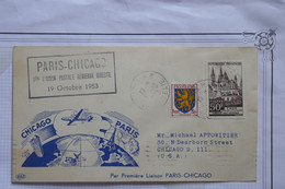 AQ22  FRANCE BELLE LETTR 1953 1ER VOL   PARIS CHICAGO USA ++ AFFRANCH.PLAISANT - 1960-.... Lettres & Documents