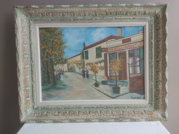 1974 TABLEAU PEINTURE Sur BOIS Scène Ville Village RESTAURANT Signé DUVERNE P  Peintre De MÂCON 47 X 60 Cm Env - Huiles