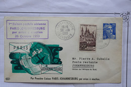 AQ22  FRANCE  BELLE LETTRE  1953 1ER VOL  PARIS JOHANNESBURG + AFFRANCH.PLAISANT - 1960-.... Brieven & Documenten