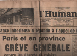 L'HUMANITE 30 11 1938 - GREVE GENERALE C.G.T. - SAINT OUEN / ST DENIS / ISSY LES MOULINEAUX - VALENCIENNES - LILLE - General Issues