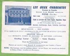 Carte De Visite Hotel Restaurant " Des Deux Charentes " PONS 17 Charente Maritime Mme Blaud Propriétaire - Cartes De Visite