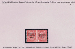 Ireland 1923 Harrison Saorstat Coils 1d Pair "Coil Join" Between, Fresh Mint Unmounted - Unused Stamps