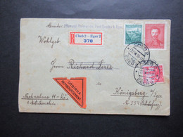 CSSR 1938 Remboursement / Nachnahme / Einschreiben Cheb 2 - Eger 2 Nach Königsberg Abs: Pfarramt Maiersgrün Post Sandau - Brieven En Documenten