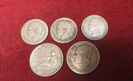 LOT 5 MONNAIES ESPAGNE Argent Fin 19° Siècle Début 20° Siècle 1 Peseta Et 2 Pesetas - Verzamelingen