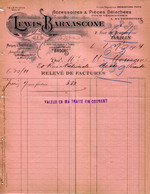 FACTURE.PARIS.ACCESSOIRES & PIECES DETACHÉES POUR VELOCIPEDES & AUTOMOBILES.LEWIS BARNASCONE 2 RUE DE BRAQUE. - Cars