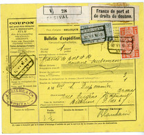 BELGIQUE BULLETIN EXPEDITION COLIS POSTAUX 1925 ENSIVAL N°2 + ETIQUETTE FRANCO DE PORT ET DROITS DE DOUANES => FRANCE - Cartas