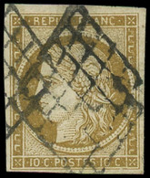 O FRANCE - Poste - 1b, Obl Grille, Signé Calves: 10c. Bistre-verdâtre - 1849-1850 Cérès